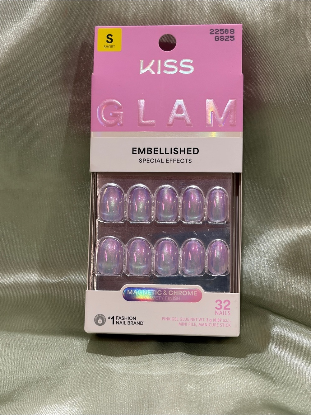 Kiss Glam Embellished Magnetic Chrome Press-On Nails - Iridescent Pink/Purple